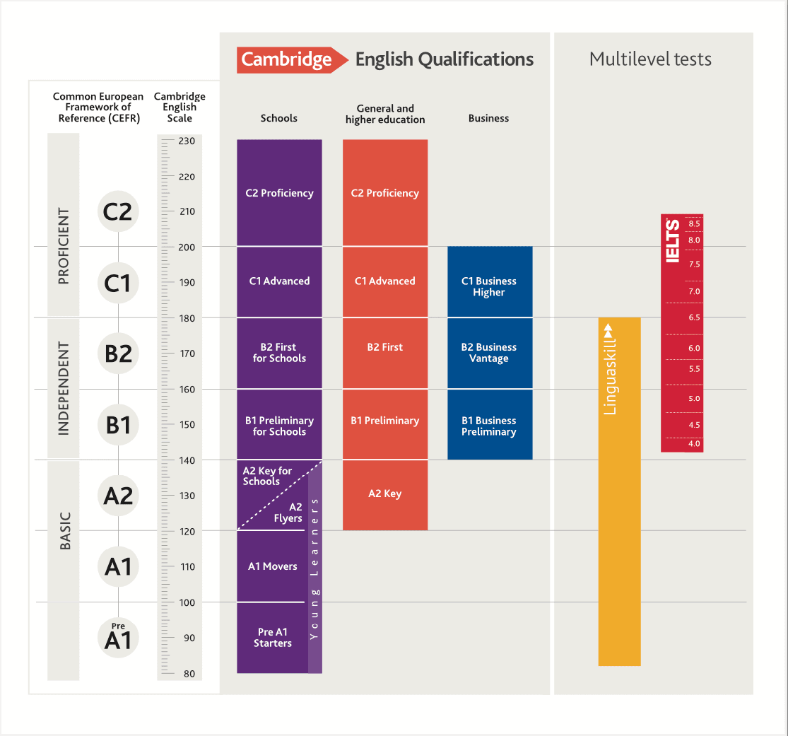 Diagrama de los niveles de los exámenes de Cambridge según el CEFR