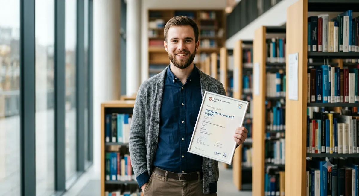 Joven con su certificado Cambridge English en una biblioteca luminosa