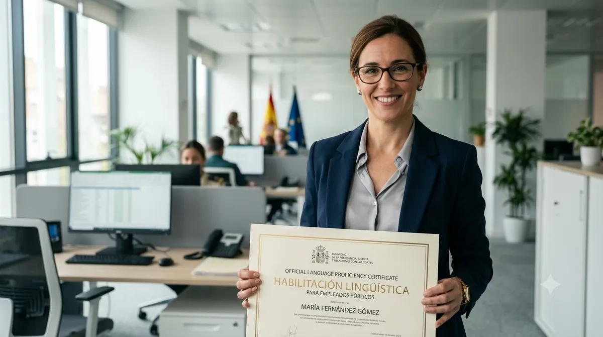 Profesora con su acreditación para la Habilitación Lingüística vía APTIS for Teachers