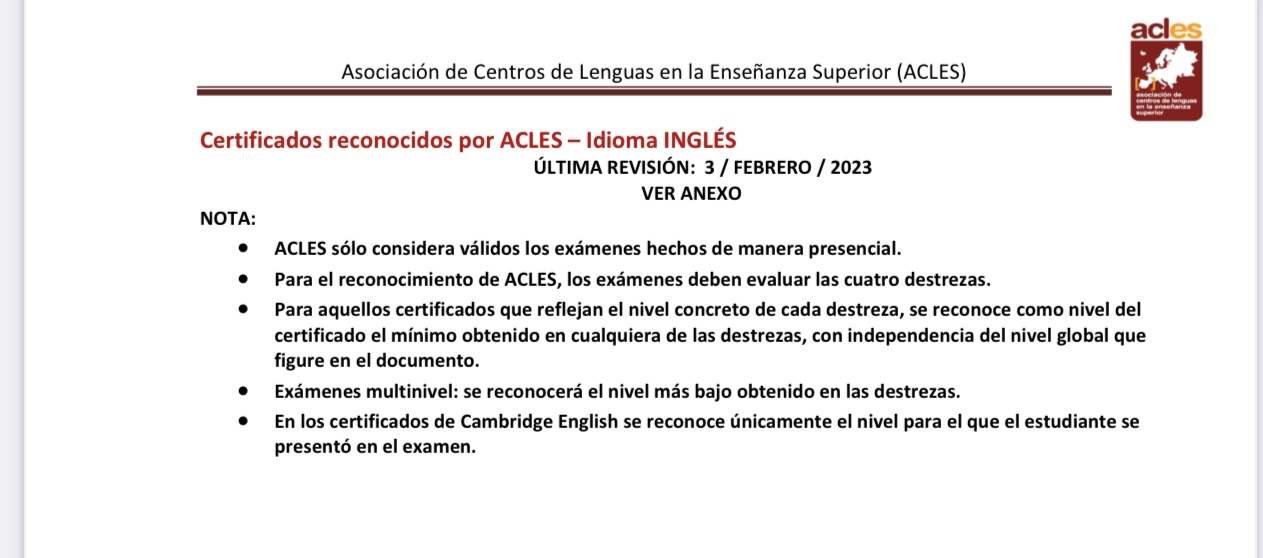 Certificados reconocidos por ACLES